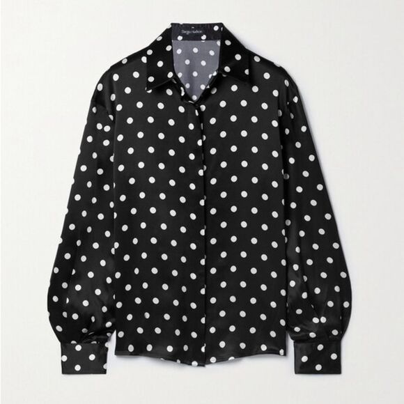 Sergio Hudson Polka Dot Silk Charmeuse Button-Up Blouse, NWT, Black-White XL - Picture 3 of 13